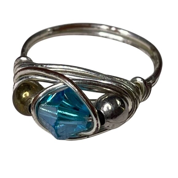 Handmade Jewelry - Silver Wire Wrapped Ring With Blue Glass Bead Metallic Accents u